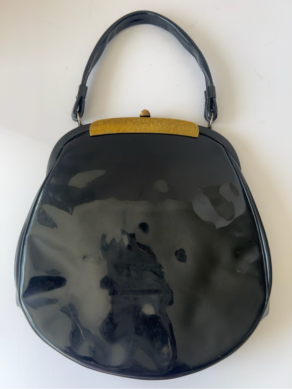 Vintage Lewis Black Patent Handbag 1960s Gold Hardware Structured Top Handle - Picture 2 of 11